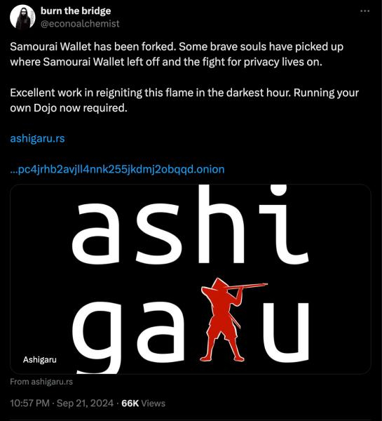 
			Исходный код Samourai Wallet лег в основу проекта Ashigaru		